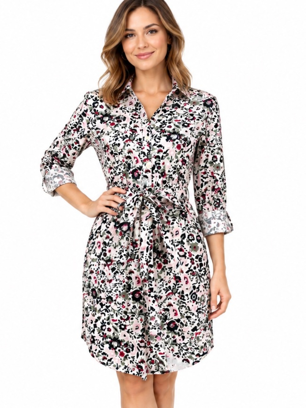 UNTUCKit Lisa Stretch Cotton floral Shirt Dress Size 4 Tie Waist Cocktail pocket